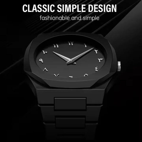 Black Aura Quartz Watch– Lightweight Design, Arabic Dial Black Aura Arabic Watch For Men– Trendy Fiber Plastic Timepiece With Arabic Numerals